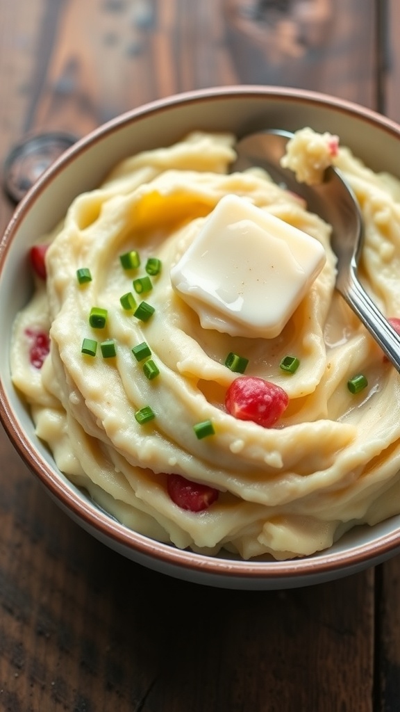 Creamy Mashed Red Potatoes with Skins Creamy mashed red potatoes with skins, garnished with chives, in a rustic bowl on a wooden table.